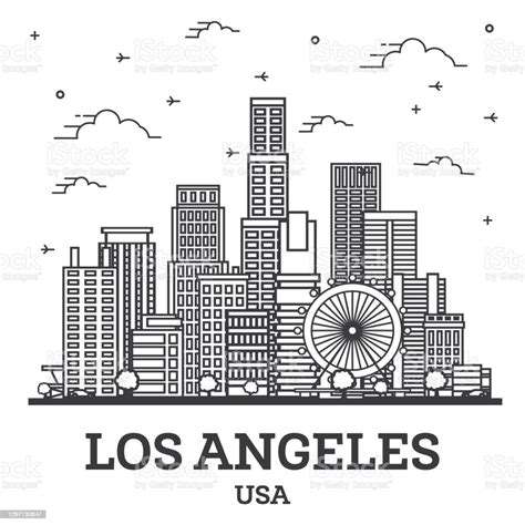 Garis Besar Los Angeles California Usa City Skyline Dengan Bangunan