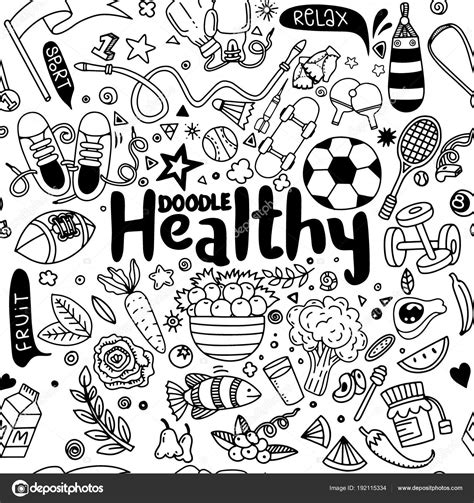 Healthy Lifestyle Concepthand Drawn Vector Illustration Set Of Stock