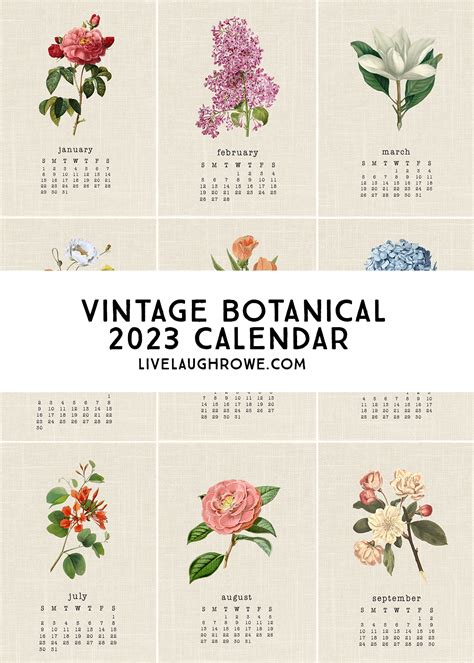 Printable 2023 Botanical Calendar Live Laugh Rowe
