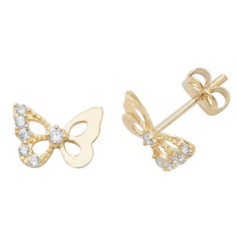 9ct Yellow Gold Pretty Butterfly Stud Earrings With Cz Stones Real 9K Gold
