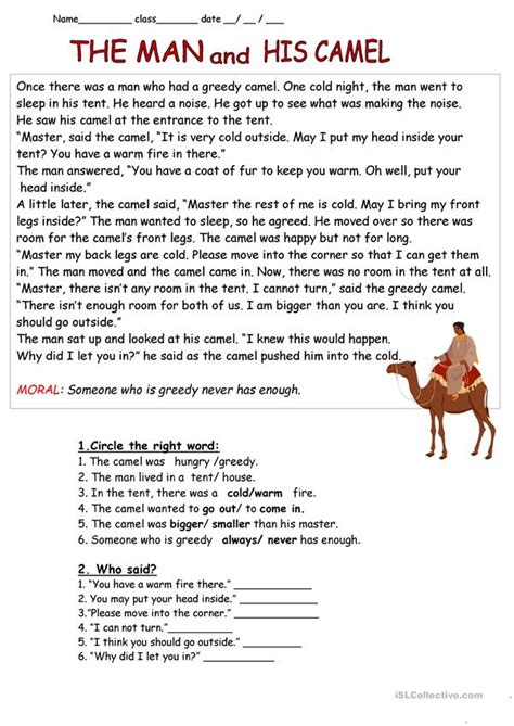 The djinn asked him to work. The Man and his Camel worksheet - Free ESL printable ...