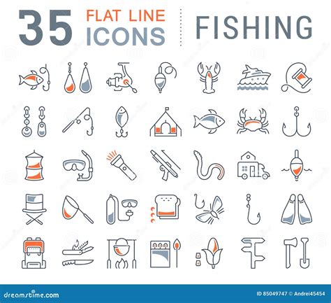 Set Vector Flat Line Icons Fishing Stock Illustration Illustration Of