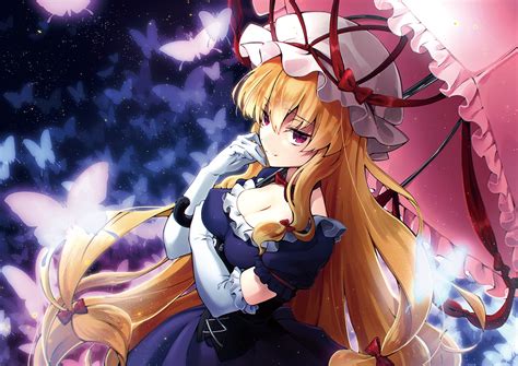 blonde hair bow breasts butterfly cleavage dress elbow gloves futoumeido gloves hat long hair