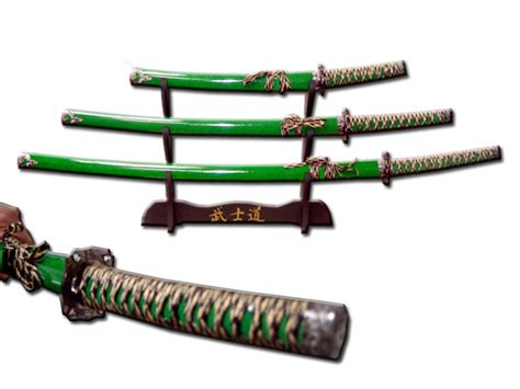 New Set Of 3 Green Japanese Samurai Swords W Sheath Ebay