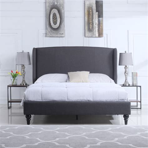 Classic Grey Linen Platform Bed Frame With Upholstered Shelter
