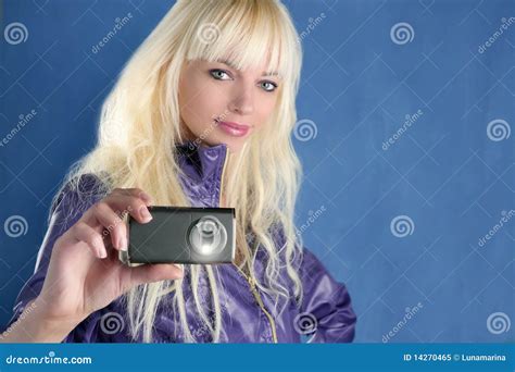 Fashion Blonde Girl Photo Camera Mobile Phone Stock Image Image Of