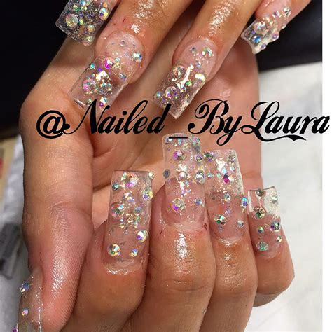 Clear Pink Nails With Rhinestones 3d Nail Art Rhinestones Glitters Acrylic Tips Decoration