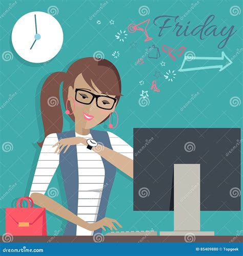 Friday Working Day. Woman Dreaming about Weekends. Stock Vector