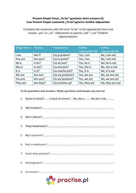Present Simple „verb To Be Questions Short Answers A1 Practise