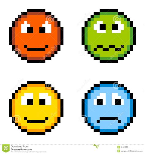 Pixel Emotion Icons Angry Sick Happy Sad Isolated On White Stock