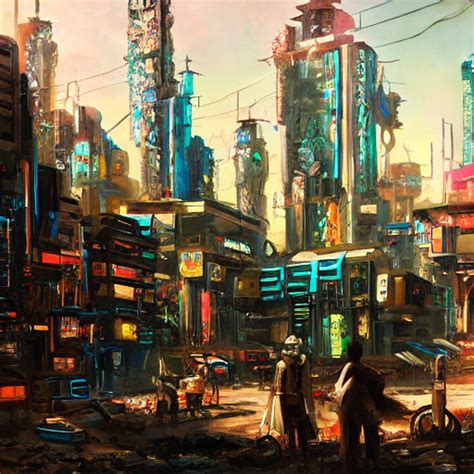 Krea An Oil Painting Of A Cyberpunk Village In 2068 Stunning Quality