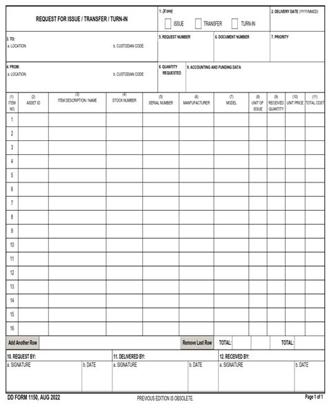 Dd Form 1150 Request For Issue Transfer Turn In Dd Forms