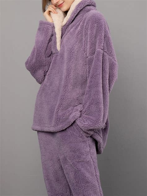 women fluffy plush thicken lapel high low hem loungewear warm pajamas set sale