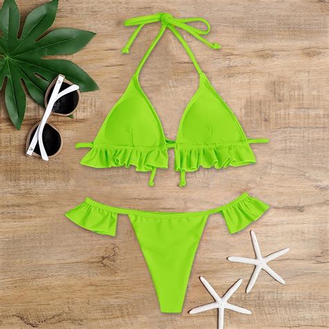 Women Green Ruffle Bikini Set 2022 Hot Lady Halter Swimsuit Swimwear