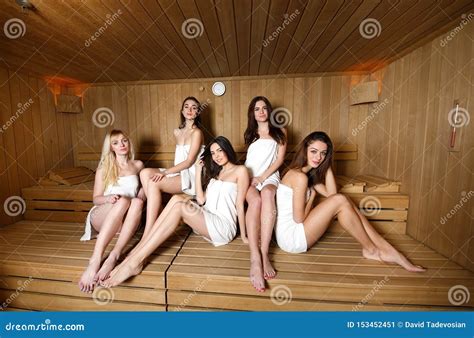 Girls In White Towels Relaxing In The Sauna Stock Image Image Of