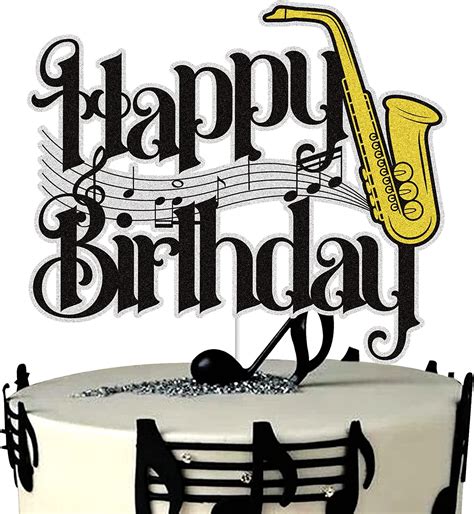 Saxophone Happy Birthday Cake Topper Black Gold Glitter Saxophone