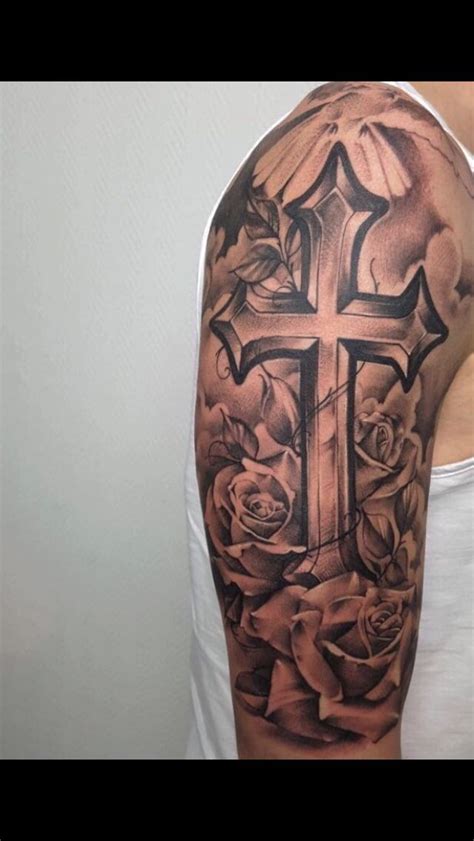 Click here to visit our gallery. #tattoo #cross #clouds #bird #rose #rosetattoo #realistic ...