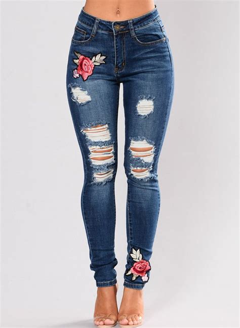 Womens Ripped Embroidered High Waist Slim Fit Skinny Jeans Womens