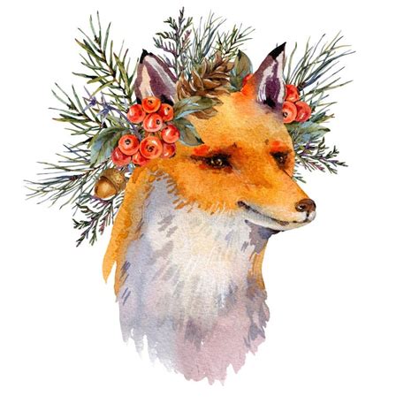 Watercolor Woodland Fox Greeting Card Cute Fox Witf Forest Wreath