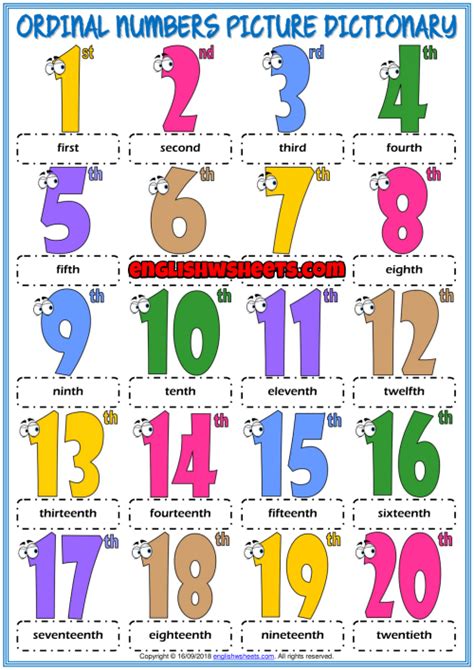 Ordinal Numbers Esl Printable Picture Dictionary For Kids