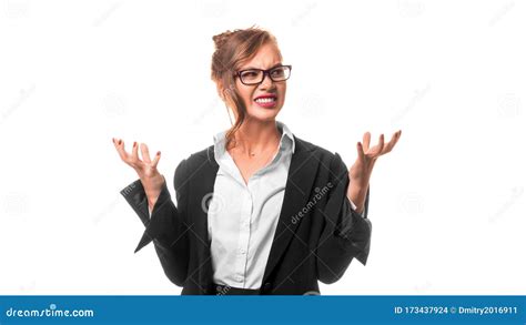 Young Angry Confused Businesswoman Screaming And Keeps Hands Up With