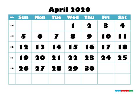Free Blank Calendar April 2020 Printable Nom20b760