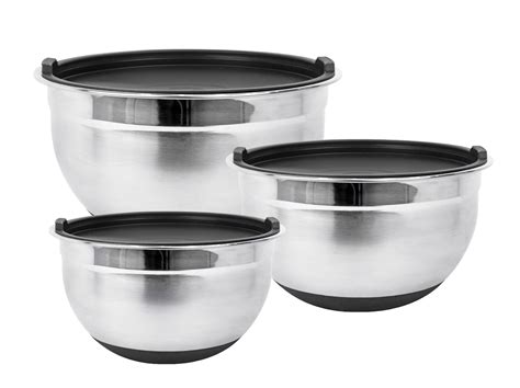 fitzroy and fox stainless steel mixing bowls with black lids and non slip bottom set of 3
