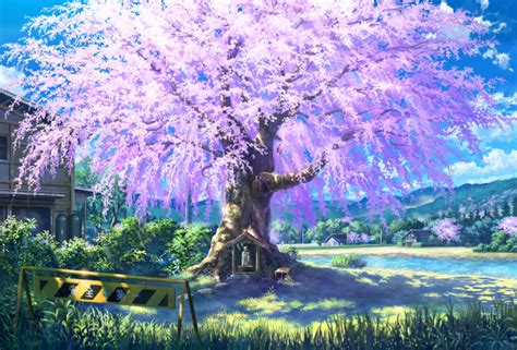 Safebooru Blue Sky Cherry Blossoms Clouds Commentary Request Crate Day Grass Hedge Plant