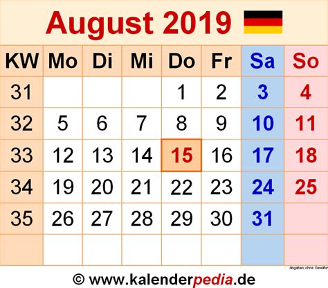 Kalender August 2019 Als Pdf Vorlagen