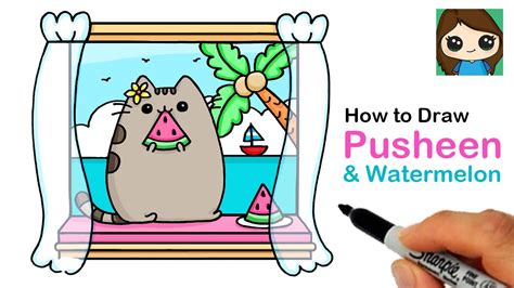 How To Draw Pusheen Eating Watermelon On Vacation 🍉🏝 Summer Art Series