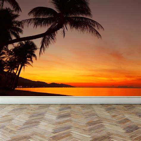 Wall Mural Tropical Sunset Beach With Palm Tree Peel And Etsy