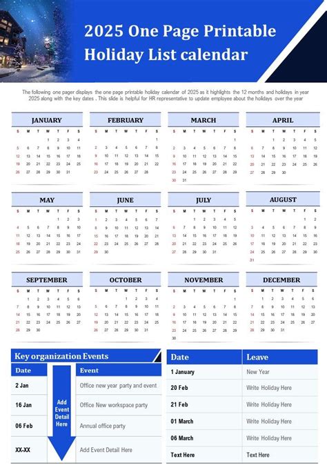 2025 One Page Printable Holiday List Calendar Presentation Report