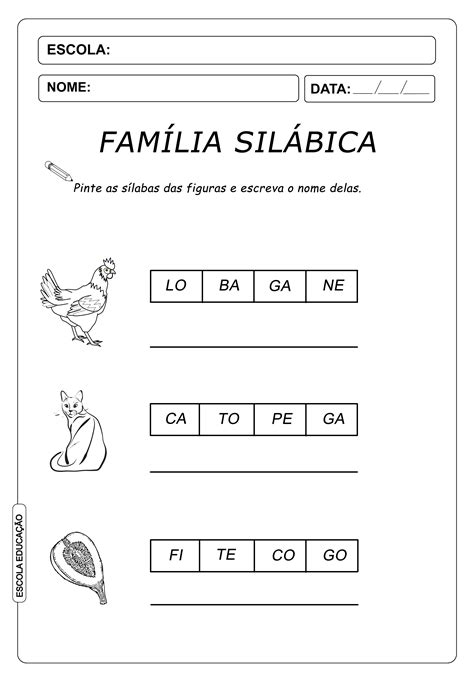 Atividade De Alfabetização Famílias Silábicas Letra G Escola Educação