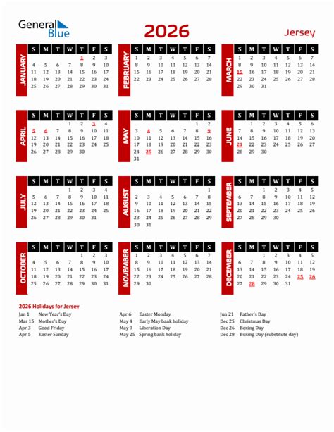 Jersey 2026 Yearly Calendar Downloadable