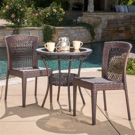 Outdoor 3 Piece Multi Brown Wicker Bistro Set With Tempered Glass Top