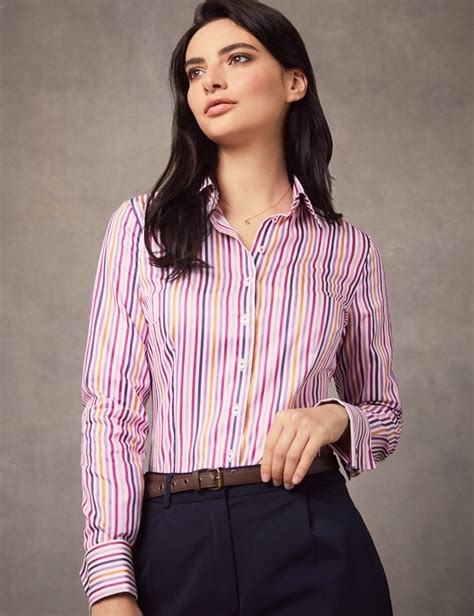 Womens White And Pink Multi Stripe Fitted Shirt French Cuff Hawes And Curtis