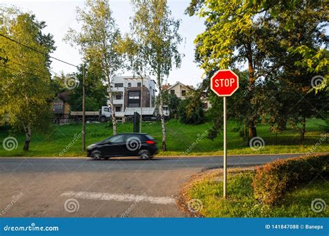 Stop Sign And A Car Stock Photo Image Of Information 141847088