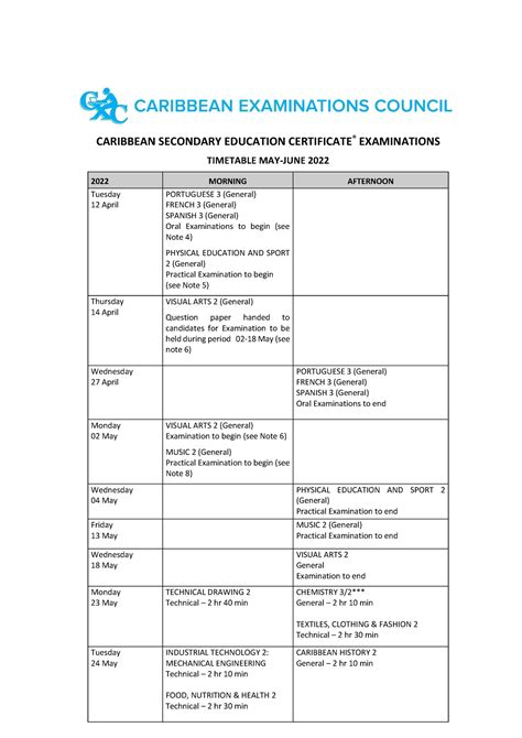 Timetable Csec May June2022 Revised 29april 2022 Caribbean Secondary