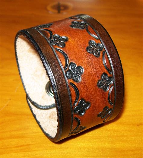Two Tone Flower Tooled Leather Cuff Bracelet Old School Leather Co