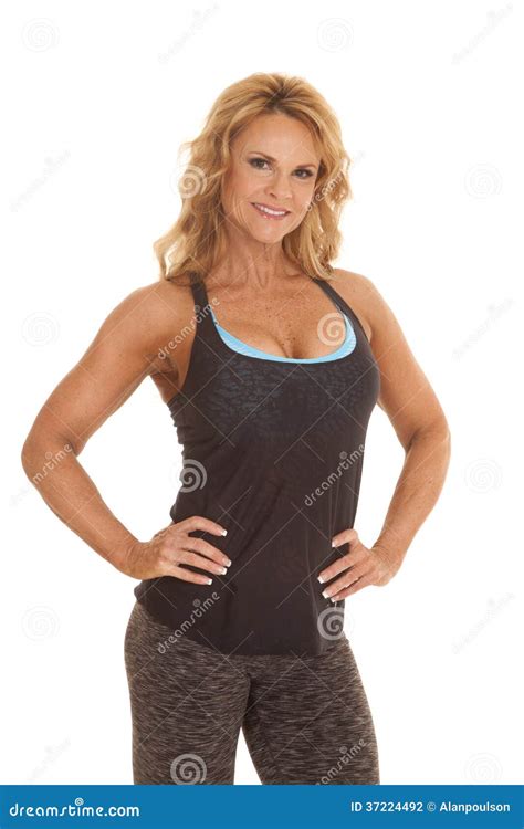 Mature Woman Fitness Hands Hips Smile Stock Photo Image Of Boobs