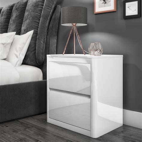 White High Gloss Bedside Table With 2 Drawers White Gloss Bedroom