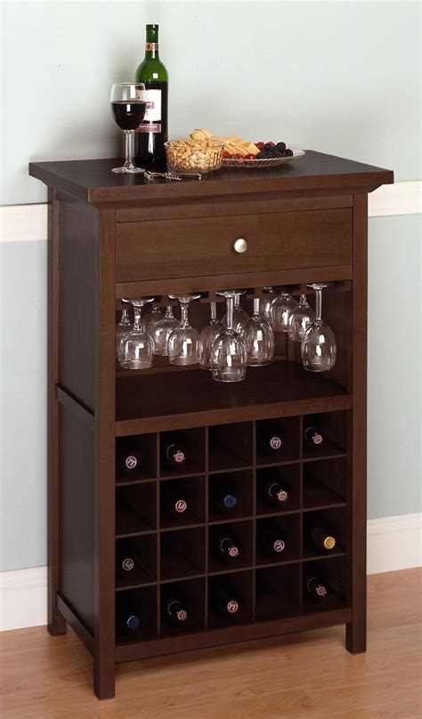 It has a raised black marble countertop aligned with metal chairs over hardwood flooring. Wine Cabinet with Drawer and Glass Rack | OJCommerce
