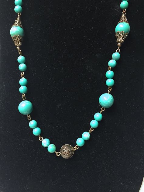 Vintage Turquoise Beaded Necklace Long Chain Beaded Necklace Etsy