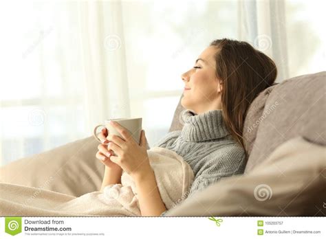 Pensive Woman Relaxing At Home In Winter Stock Image Image Of