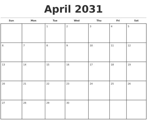 April 2031 Monthly Calendar Template