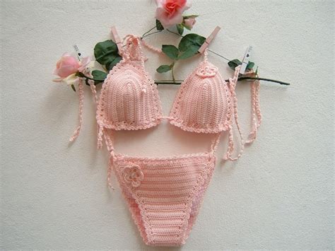 Crochet Bikini Pink Cotton Crochet Costume Triangle Bikini Etsy