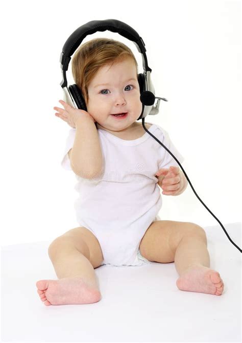Happy Singing Baby Wearing Big Black Headphones Stock Image Image Of