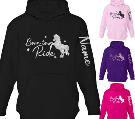 Childrens Personalised Horse Hoodie Arm Print Equestrian Riding Glitter