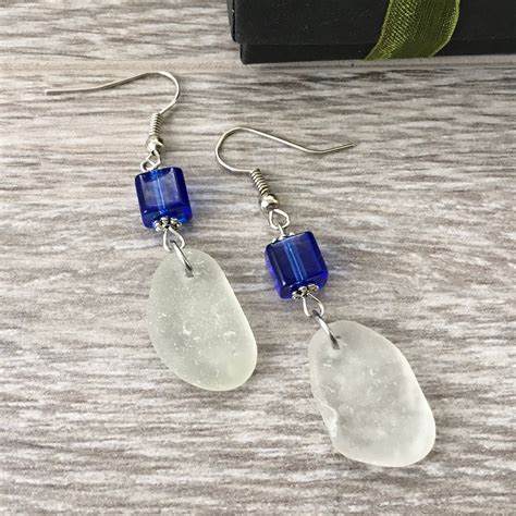 Natural Sea Glass Earrings Blue Earrings English Beach Glass Jewellery Long Dangle Earrings