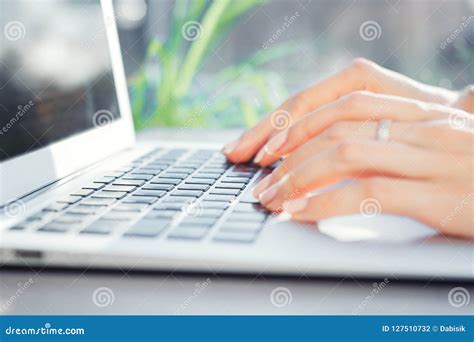 Female Hands Typing On The Laptop Keyboard Close Up Woman Work At